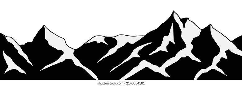 Snow covered mountain peaks, mountain range panoramic view, black and white landscape