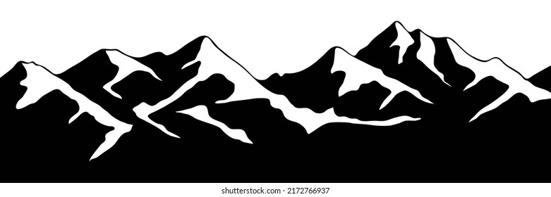 Snow covered mountain peaks, mountain range panoramic view, black and white landscape