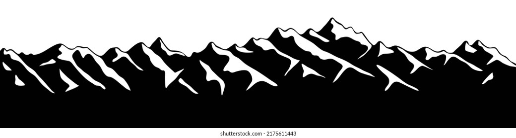 Snow covered mountain peaks, mountain range panoramic view, black and white landscape