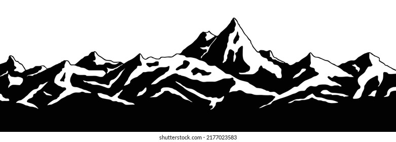Snow covered mountain peaks, mountain range panoramic view, black and white landscape