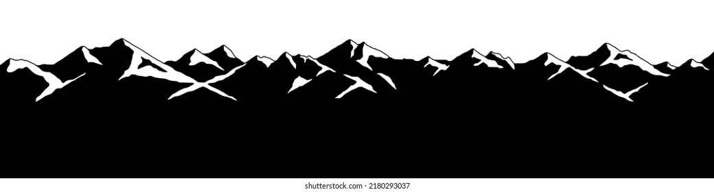 Snow covered mountain peaks, mountain range panoramic view, black and white landscape