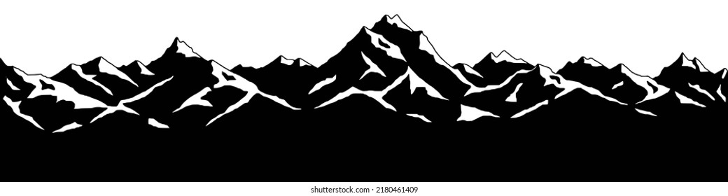 Schneebedeckte Berggipfel, Panoramablick auf die Gebirgskette, schwarz-weiße Landschaft