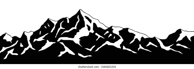 Snow covered mountain peaks, mountain range panoramic view, black and white landscape