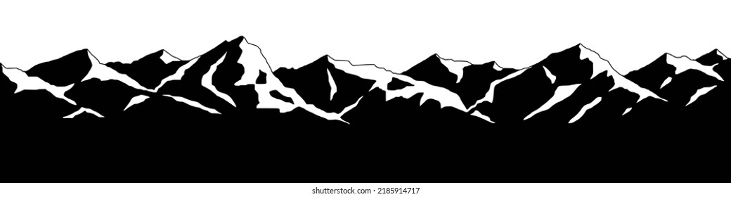 Snow covered mountain peaks, mountain range panoramic view, black and white landscape