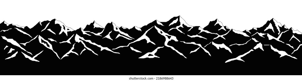 Picos montañosos cubiertos de nieve, vistas panorámicas de cordillera, paisaje blanco y negro