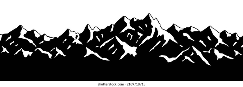 Snow covered mountain peaks, mountain range panoramic view, black and white landscape