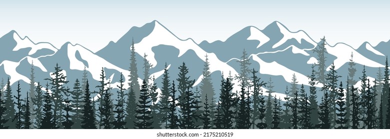 Snow covered mountain ranges and forest in the foreground, panoramic view, vector illustration