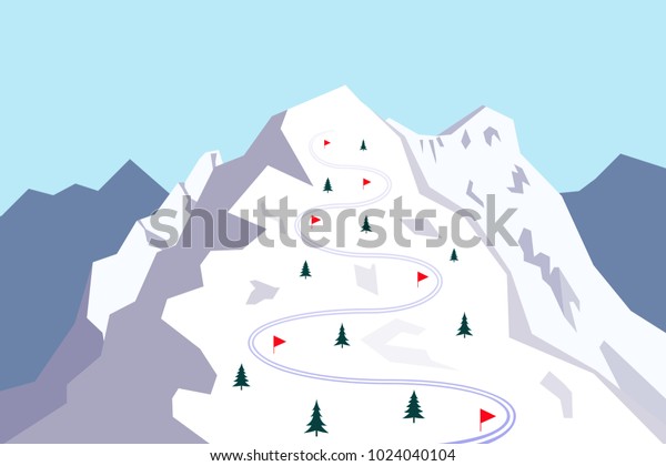 Snow covered mountain with\
ski track. Skiing trace marked with red flags. Vector\
illustration.