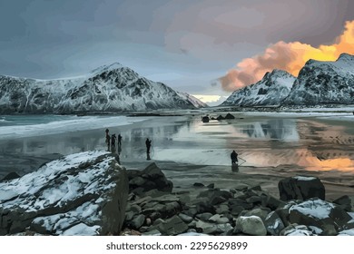 Snow Covered Mountains At Daytime and many people are fishing in the frozen lake