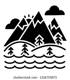 Snow covered mountains, hills valley glyph icon 