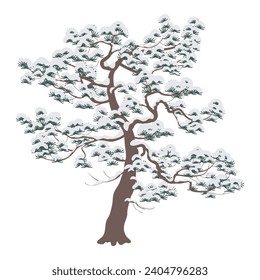 La nieve cubría el viejo pino aislado en el fondo blanco. Planta de plantas de coníferas de invierno. Coníferas nevadas y congeladas durante la temporada fría. Simple ilustración plana vectorial. Diseño de elementos paisajísticos.