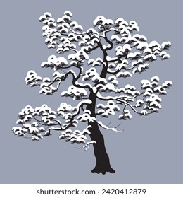 Snow covered old Pine tree isolated on gray. Black and white winter coniferous plant. Snowy and frozen conifers during cold season. Monochrome vector flat illustration. Landscape design element.