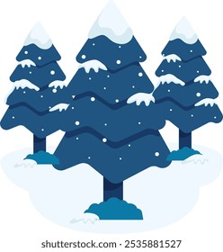 Snow Covered Pine Christmas Trees In Winter Season Vector Flat Illustration