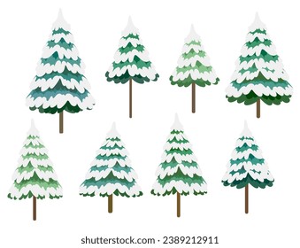 Snow covered pine tree set. Winter vector illustration.