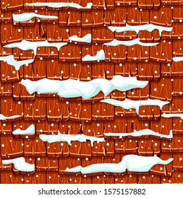 Snow covered Seamless Old Red Wood Roof Tiles. Vector winter stone background. Snow on separate layers.