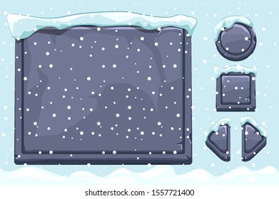 Snow covered stone assets and buttons For Ui Game. Winter game ui stones buttons with snow. Isolated object and snow on separate layers.