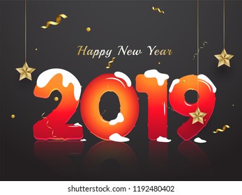 Snow covered text 2019 with confetti and star hang on shiny black background for New Year celebration.