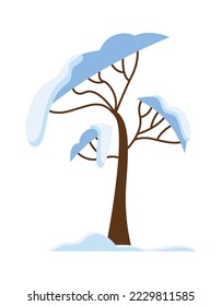 Snow covered tree with branches flat icon Typical winter weather
