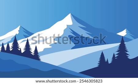 Snow covered trees atop a mountain, creating a serene winter landscape under a clear blue sky flat vector illustration