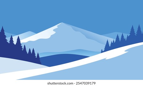 
Snow covered trees blanket a hillside, creating a serene winter landscape under a clear blue sky flat vector illustration
