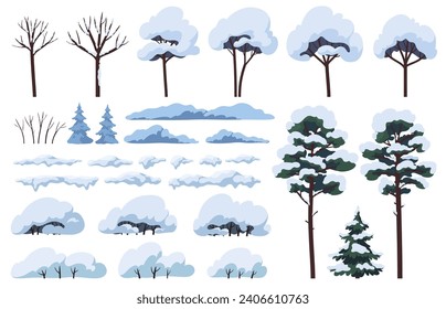 Schneebedeckte Bäume und Sträucher. Elemente einer Winterlandschaft. Die Vegetation ist schneebedeckt. Vektorgrafik