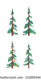 Snow covered trees flat vector illustrations set. Evergreen firs and spruces isolated on white background. Christmas tree decorated with garlands, toys, baubles. Winter season festival flora cliparts