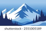 Snow covered trees stand majestically in the serene mountains, creating a picturesque winter landscape flat vector illustration.