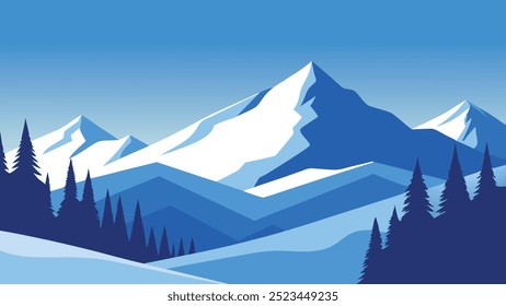 Los árboles cubiertos de nieve se alzan majestuosamente en las montañas bajo un cielo azul claro, creando un paisaje invernal sereno y Ilustración vectorial plana