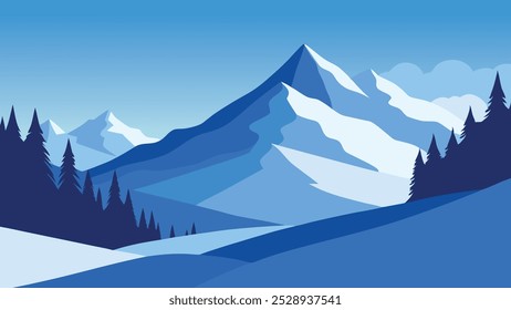 
Los árboles cubiertos de nieve se encuentran majestuosamente en las serenas montañas, creando un pintoresco paisaje invernal Ilustración vectorial plana Fondo de la naturaleza