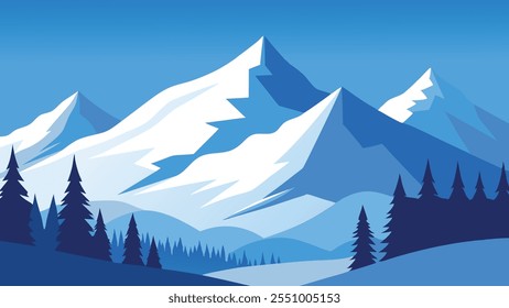 Los árboles cubiertos de nieve se alzan majestuosamente en las serenas montañas, creando un pintoresco paisaje invernal de Ilustración vectorial plana.