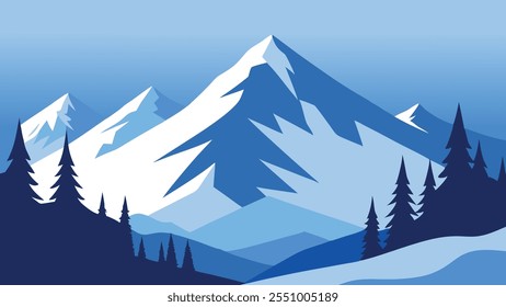 Los árboles cubiertos de nieve se alzan majestuosamente en las serenas montañas, creando un pintoresco paisaje invernal de Ilustración vectorial plana.