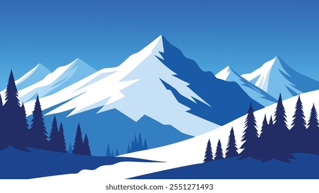 Snow covered trees stand majestically in the mountains under a clear blue sky, creating a serene winter landscape flat vector illustration