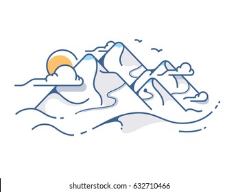 Snow covered view of mountains. High mountain sun and clouds. Vector illustration