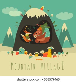 Snow covered village by the mountain with bear and fox inside the cave