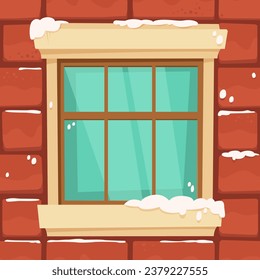 Snow Covered Window on Brick Wall, Christmas Square Background. Cartoon Building Backdrop for Game Design, Print, Textile and more.