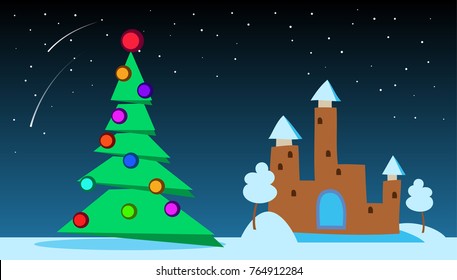 Snow covered winter castle and New Year or Xmas tree, cartoon flat design vector illustration.
