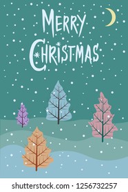 Snow covered winter forest, Merry Christmas elegant modern brush handwritten lettering. Fir spruce trees landscape, pastel colors, snowfall, snowdrifts. Greeting poster banner design card template