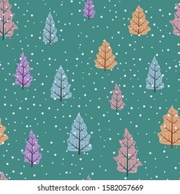 Snow covered winter forest seamless pattern. Fir spruce trees landscape of different pastel colors in snowfall. Snowdrifts and blue sky. Merry Christmas, New Year holiday design. Vector illustration