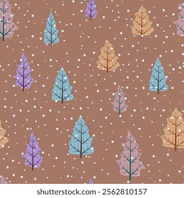 Snow covered winter forest seamless pattern on mocha brown color background. Fir spruce trees landscape of different pastel colors in snowfall. Merry Christmas, New Year holiday design. 