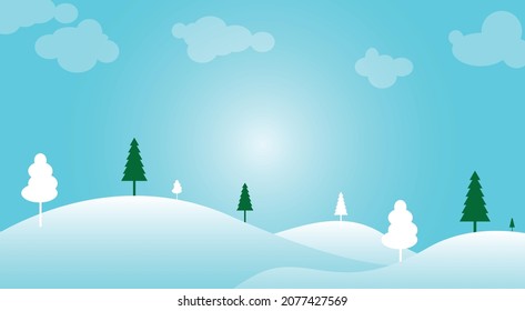 snow covered winter landscape open in snowfall, snowy trees with blue sky background illustration.