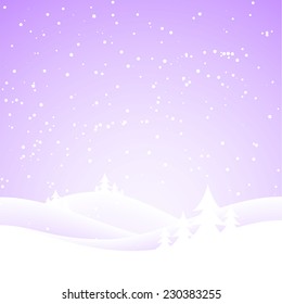 Snow covered wintery scene.Snow falling over a fir tree forest
