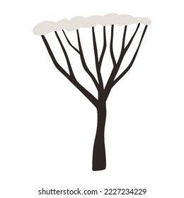 Snow covered withered or dead tree. Hand drawn winter illustration