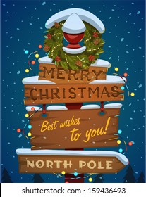 Snow covered wooden sign. Merry Christmas greeting card. 