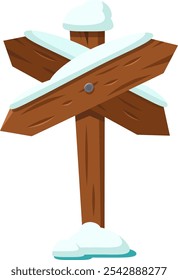 Snow covered wooden signpost indicating different directions, isolated on white background, ideal for winter or christmas projects