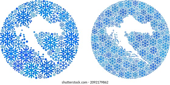 Snow Croatia map mosaic designed with circle and carved shape. Vector Croatia map mosaic of snow ojects in various sizes and blue color hues. Created for New Year proclamations.