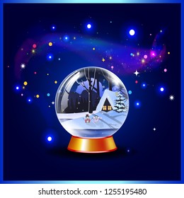 Snow crystal globe with tranquil winter night snowy landscape and cute little house in the forest and two cheerful snowmen and magical glowing sparkles. Vector christmas or new year illustration.