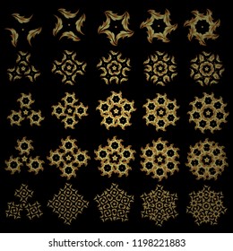 Snow crystal regular texture in golden colors. Vector set of 25 stylized snowflakes. Winter, New Year, Christmas simple design on a black background.