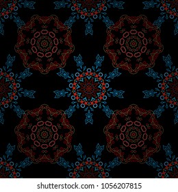 Snow crystal regular texture on blue and red colors. Vector seamless pattern with stylized snowflakes. Winter, New Year, Christmas simple design on a black background.