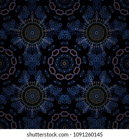 Snow crystal regular texture on violet, blue and purple colors. Vector seamless pattern with stylized snowflakes. Winter, New Year, Christmas simple design on a black background.