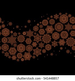 Snow crystal regular texture on brown colors. Vector seamless pattern with stylized snowflakes. Winter, New Year, Christmas simple design on a black background.